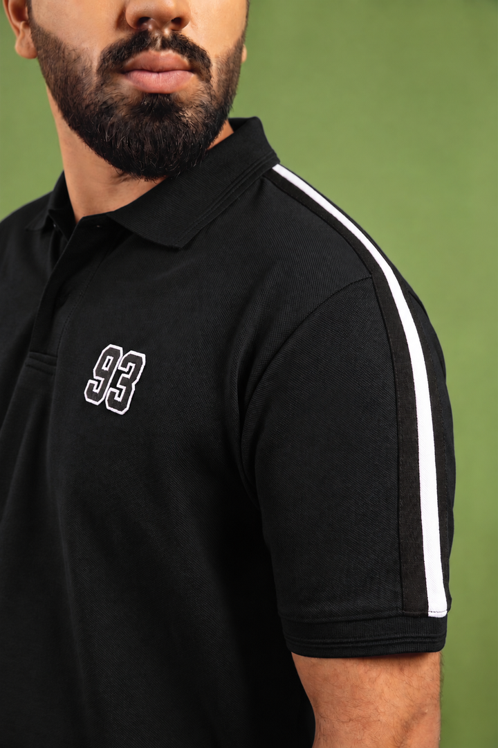 Black Cut & Sew Stripe Polo Shirt with '93' Embroidery (Plus Size) - S26 - MP0705P