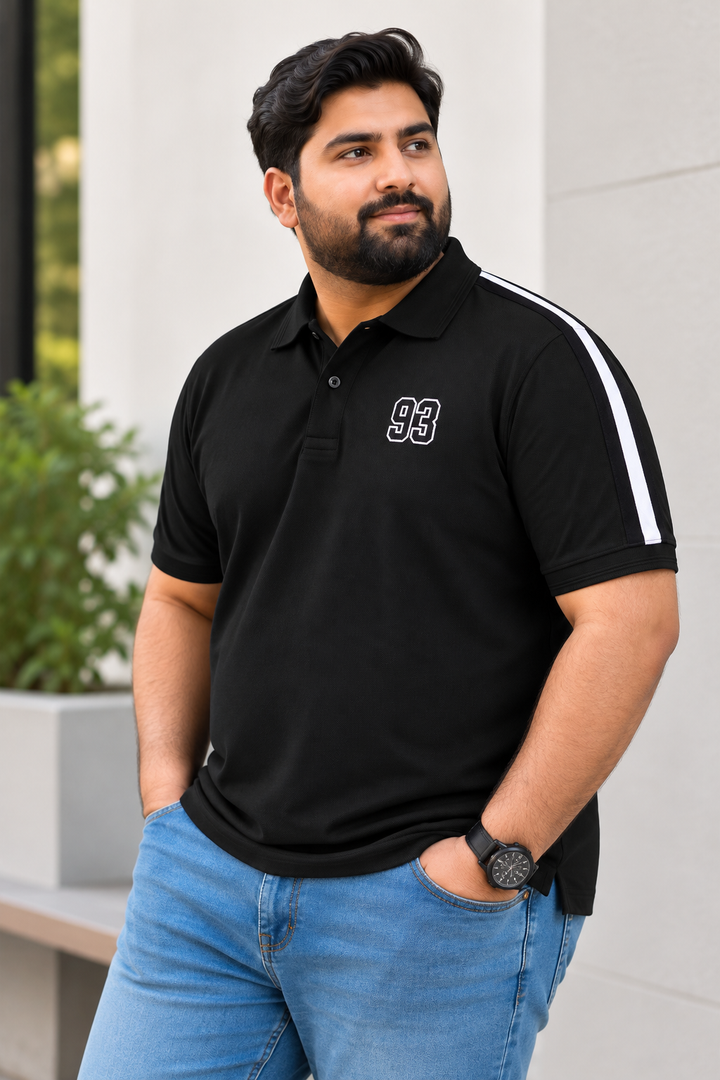 Black Cut & Sew Stripe Polo Shirt with '93' Embroidery (Plus Size) - S26 - MP0705P