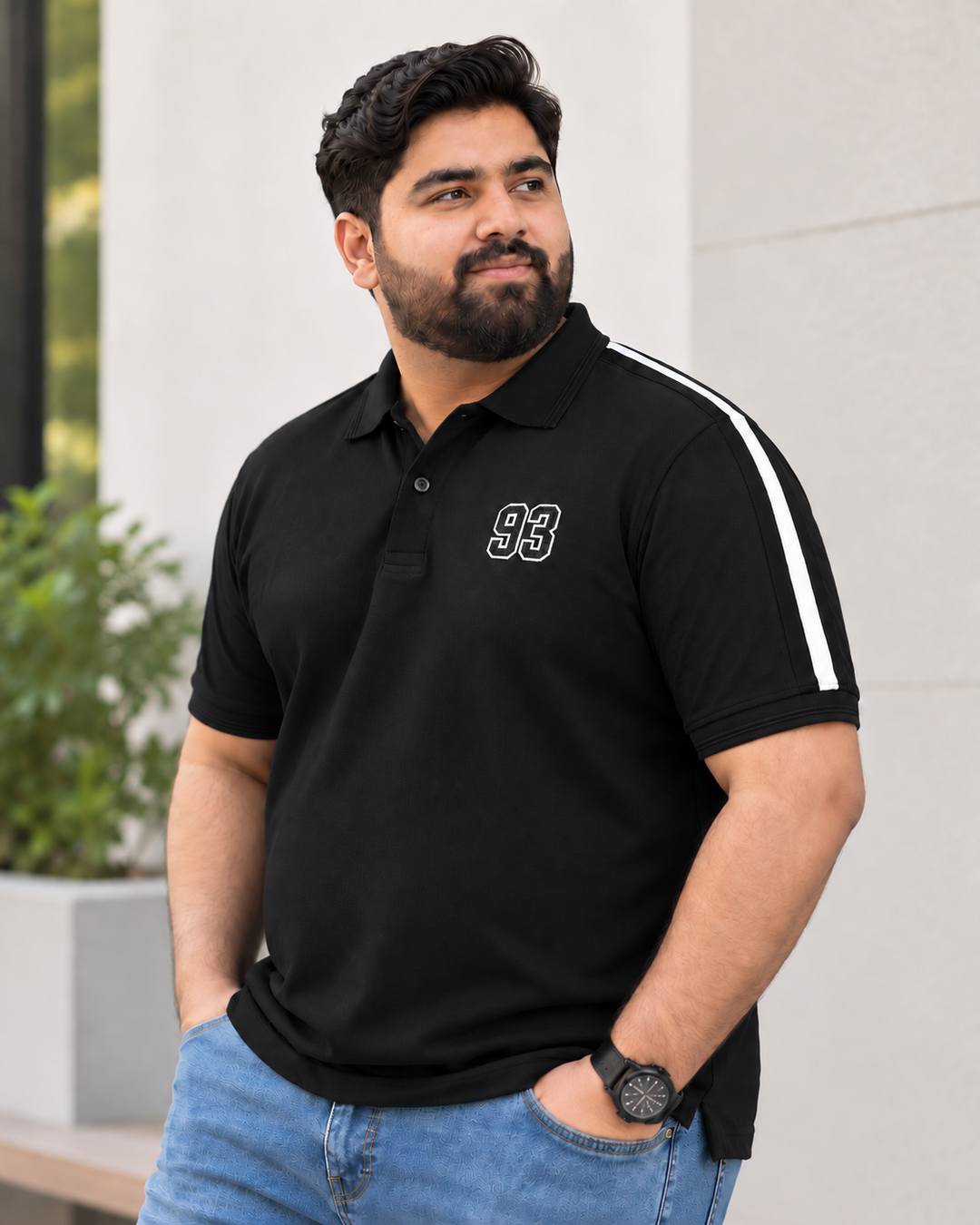 Black Cut & Sew Stripe Polo Shirt with '93' Embroidery (Plus Size) - S26 - MP0705P