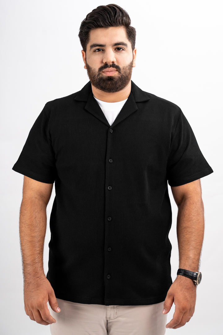 Black Waffle Knit Textured Resort Shirt (Plus Size) - S25 - MS0101P