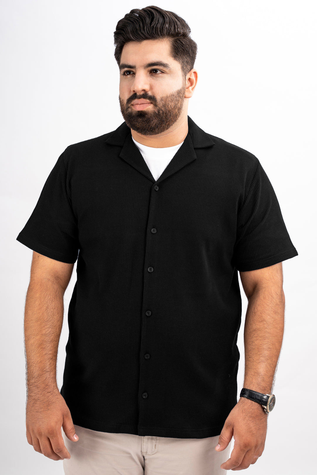 Black Waffle Knit Textured Resort Shirt (Plus Size) - S25 - MS0101P