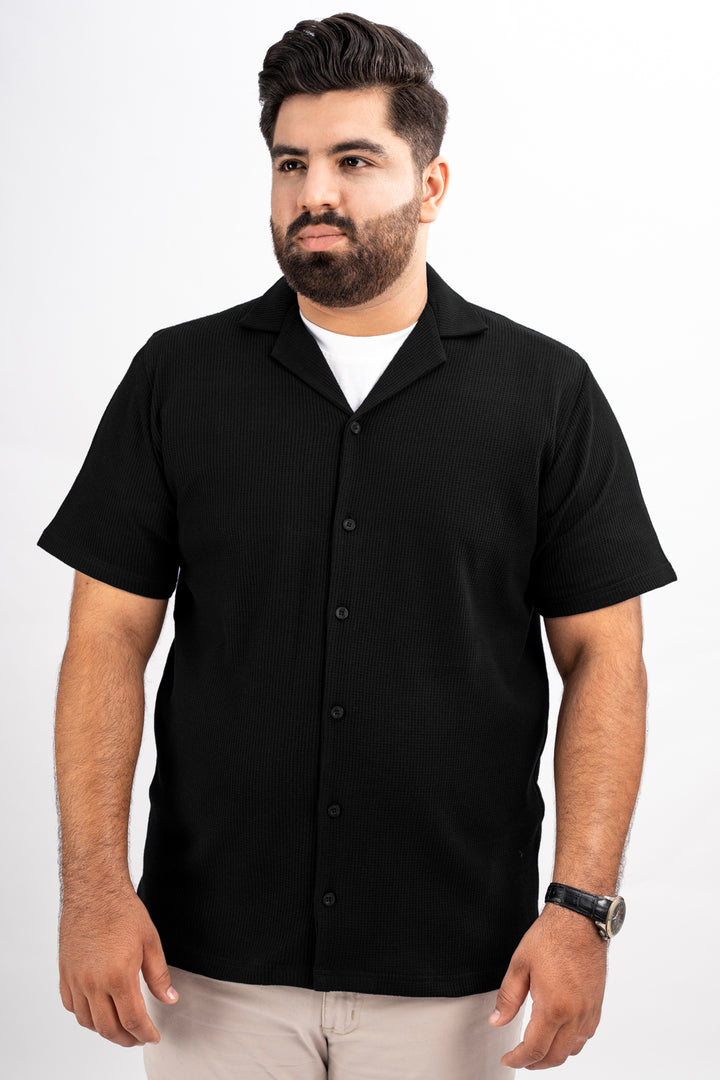 Black Waffle Knit Textured Resort Shirt (Plus Size) - S25 - MS0101P