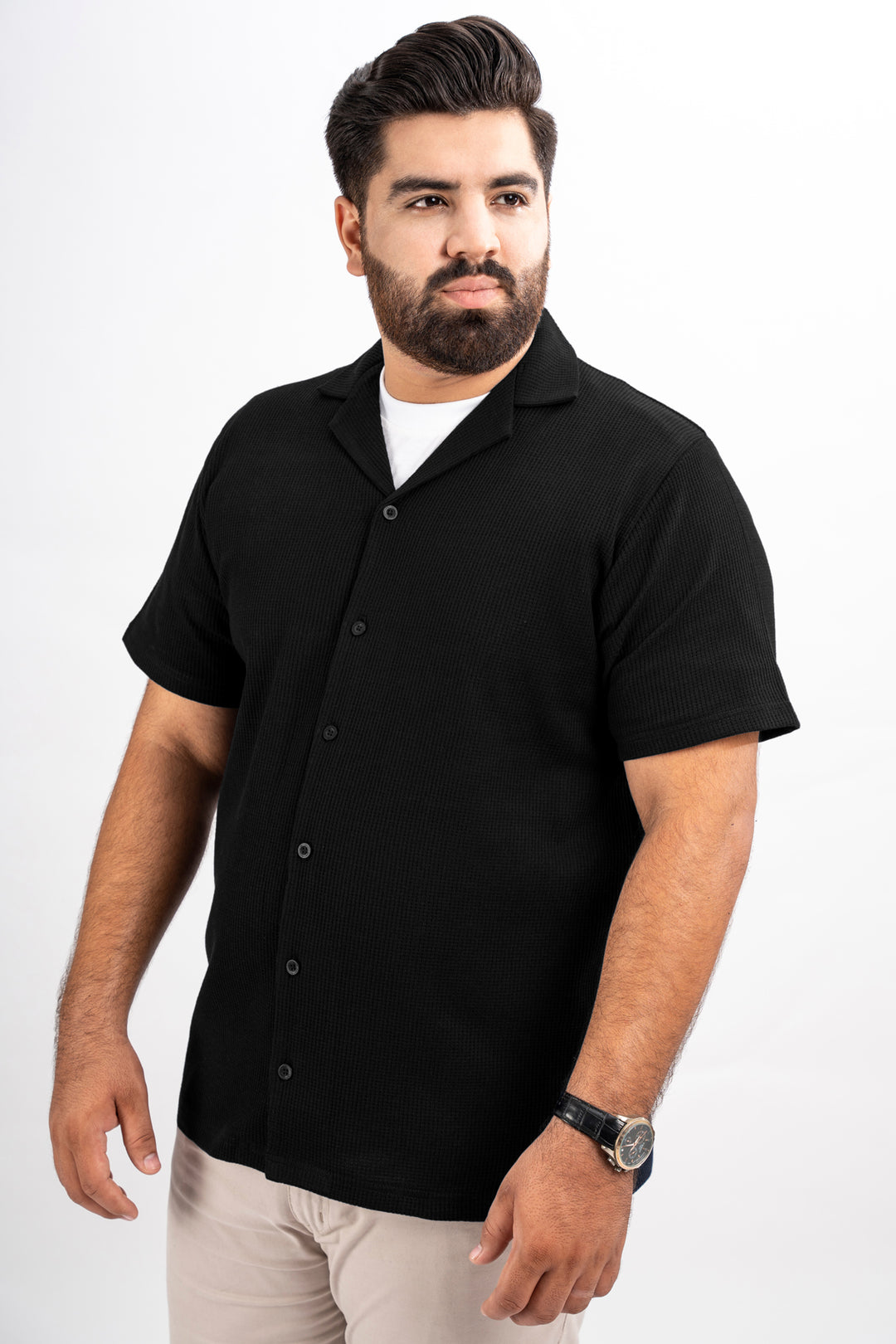 Black Waffle Knit Textured Resort Shirt (Plus Size) - S25 - MS0101P