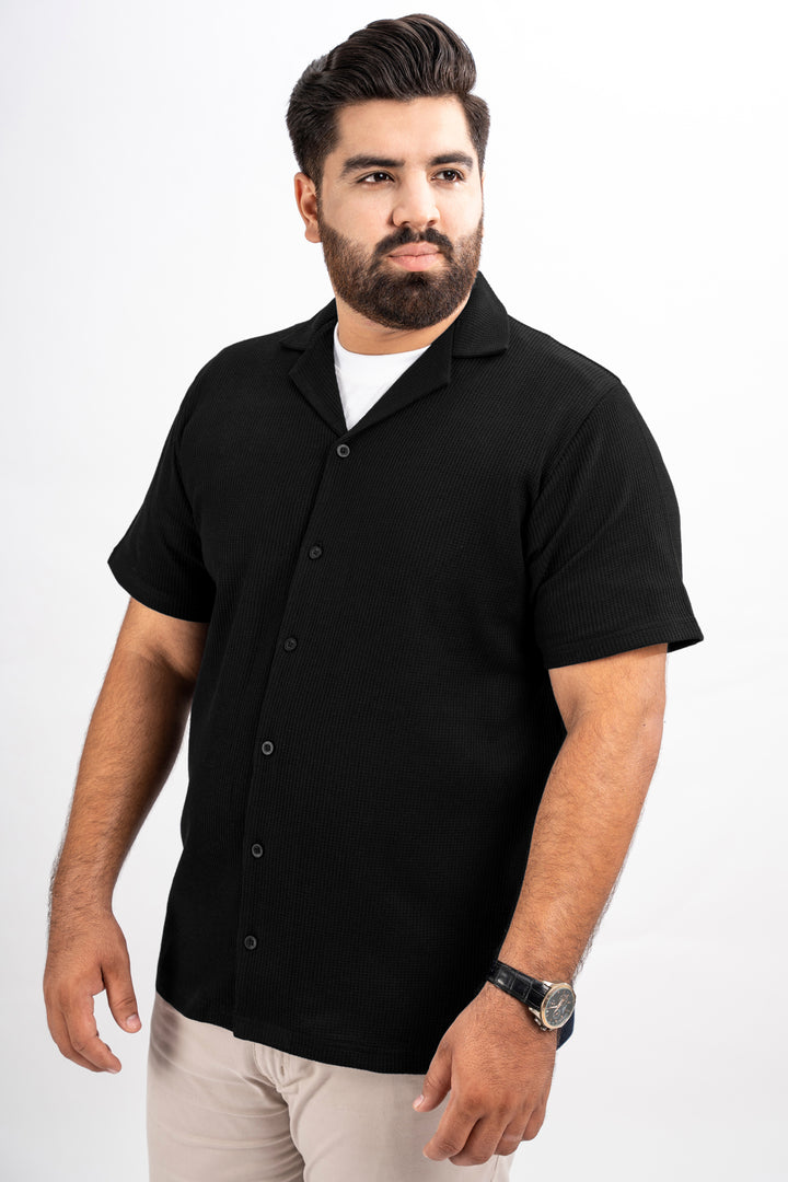 Black Waffle Knit Textured Resort Shirt (Plus Size) - S25 - MS0101P