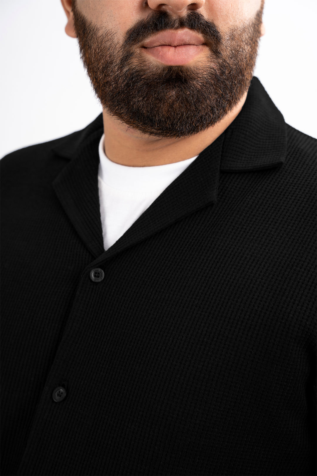Black Waffle Knit Textured Resort Shirt (Plus Size) - S25 - MS0101P