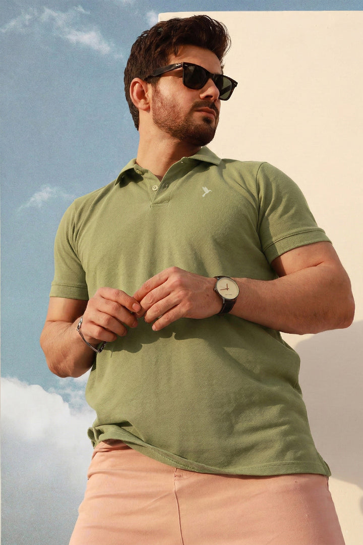 Sage Green Basic Embroidered Pique Polo - S26 - MP0566R