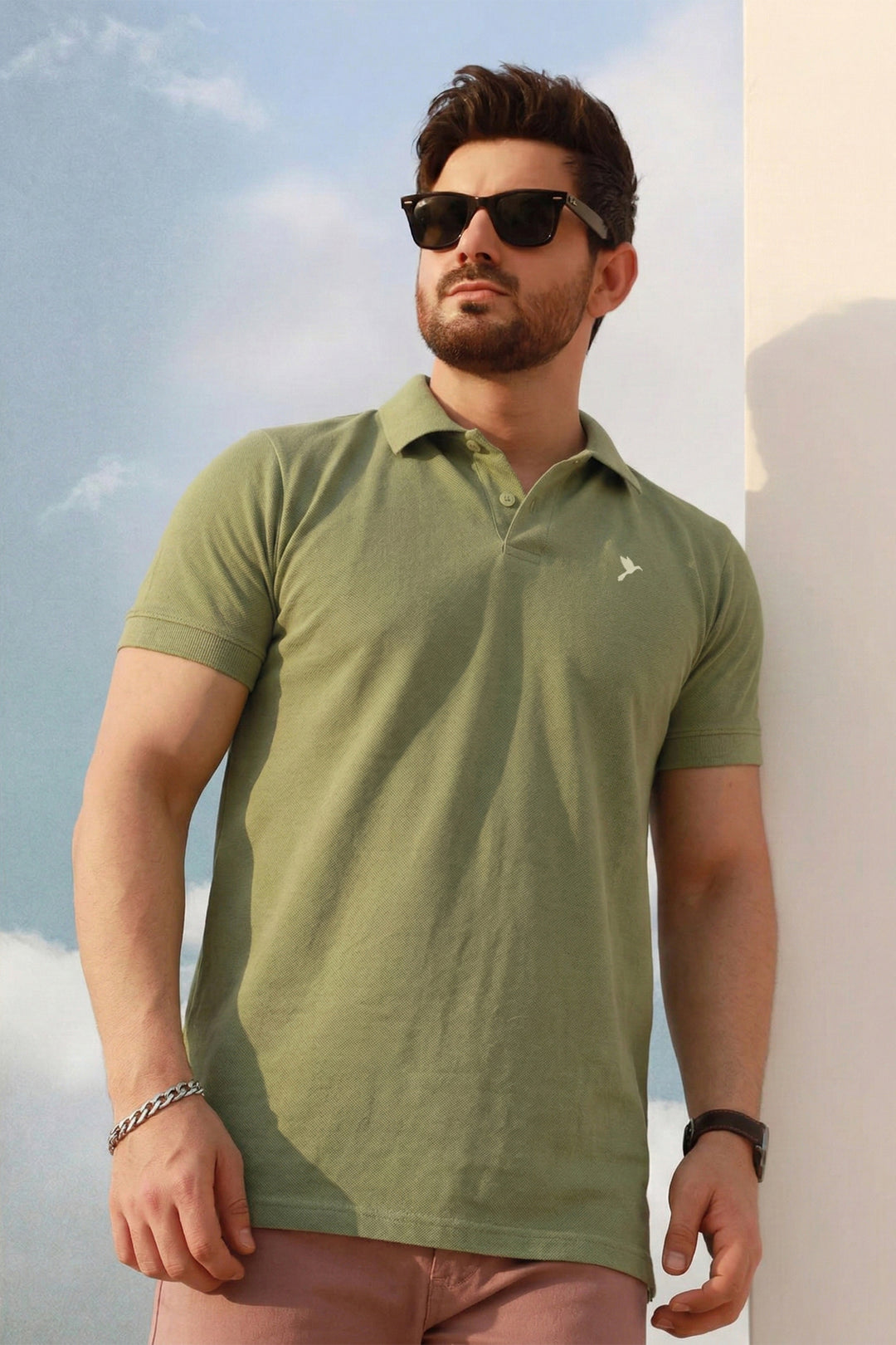 Sage Green Basic Embroidered Pique Polo - S26 - MP0566R