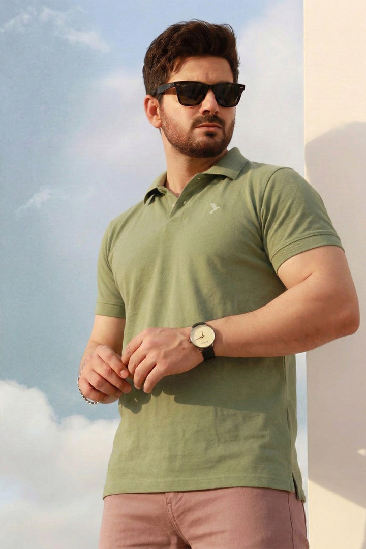 Sage Green Basic Embroidered Pique Polo - S26 - MP0566R