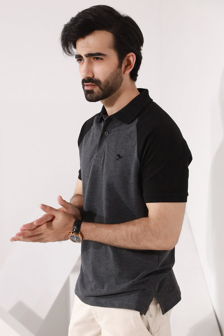 Charcoal Split Tone Raglan Pique Polo Shirt - S26 - MP0568R