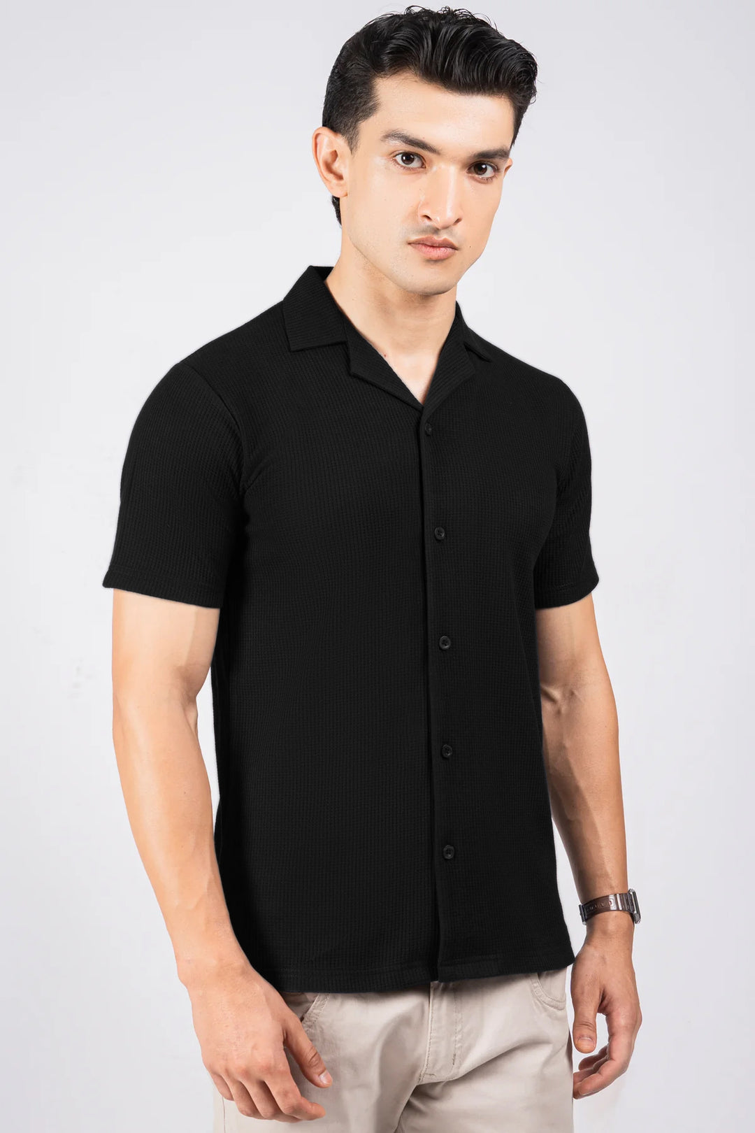Black Waffle Knit Textured Resort Shirt - S25 - MS0101R