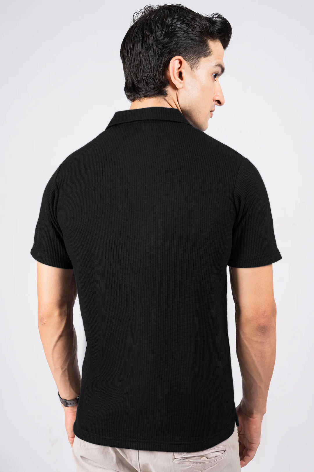 Black Waffle Knit Textured Resort Shirt - S25 - MS0101R