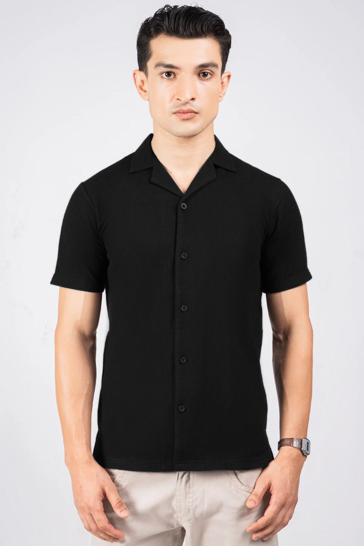 Black Waffle Knit Textured Resort Shirt - S25 - MS0101R