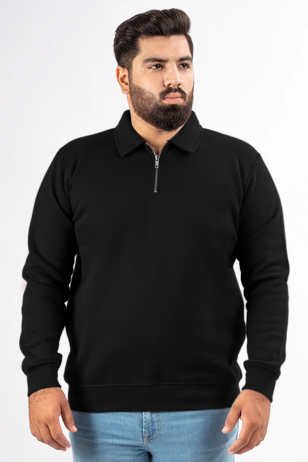 Black Terry Quarter Zip Sweatshirt (Plus Size) - W25 - MSW103P