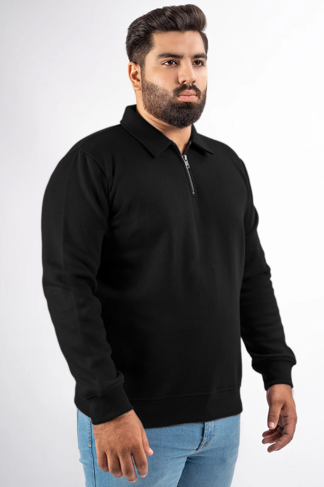 Black Terry Quarter Zip Sweatshirt (Plus Size) - W25 - MSW103P