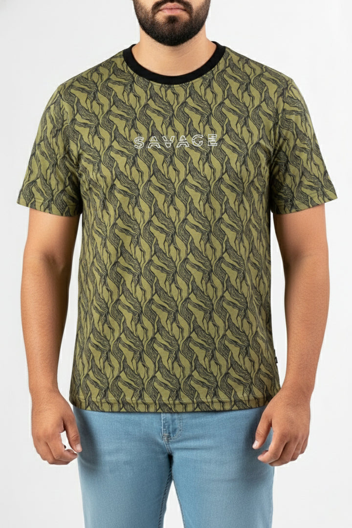 Black & Green Abstract Printed T-Shirt - S24 - MT0342R