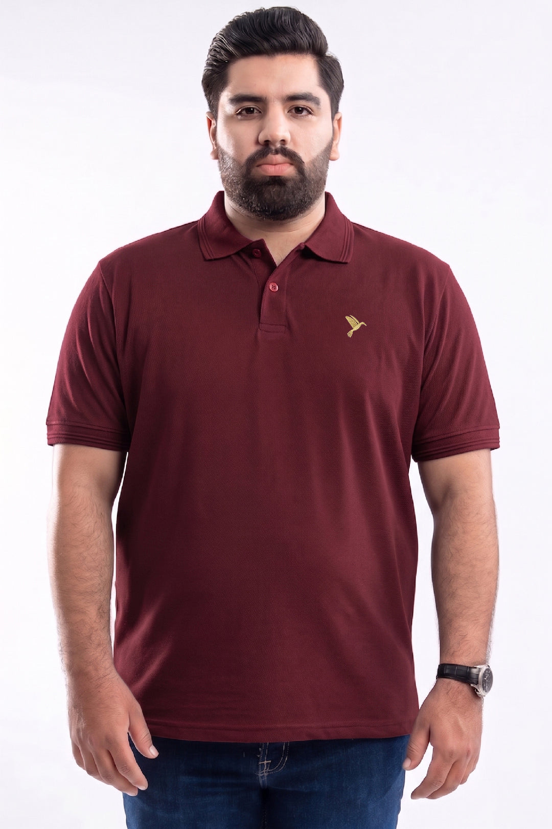 Maroon & Golden Embroidered Polo Shirt (Plus Size) - S26 - MP0628P