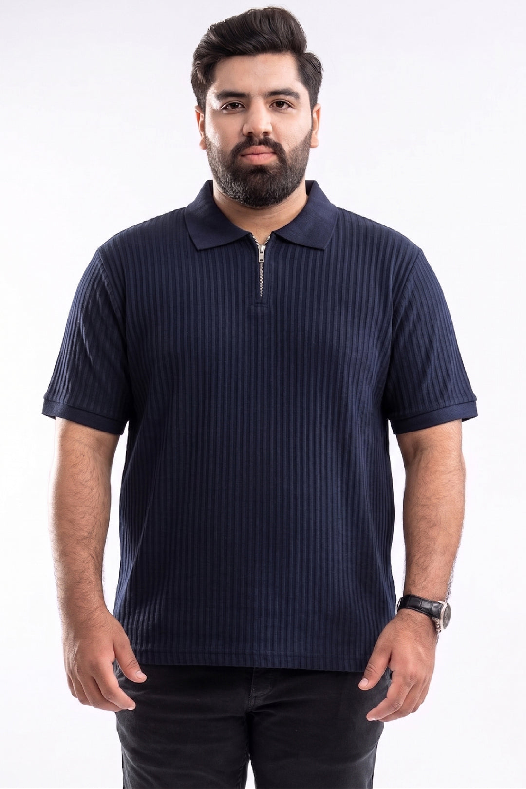 Navy Blue Textured Quarter Zip Polo Shirt - S26 - MP0616P