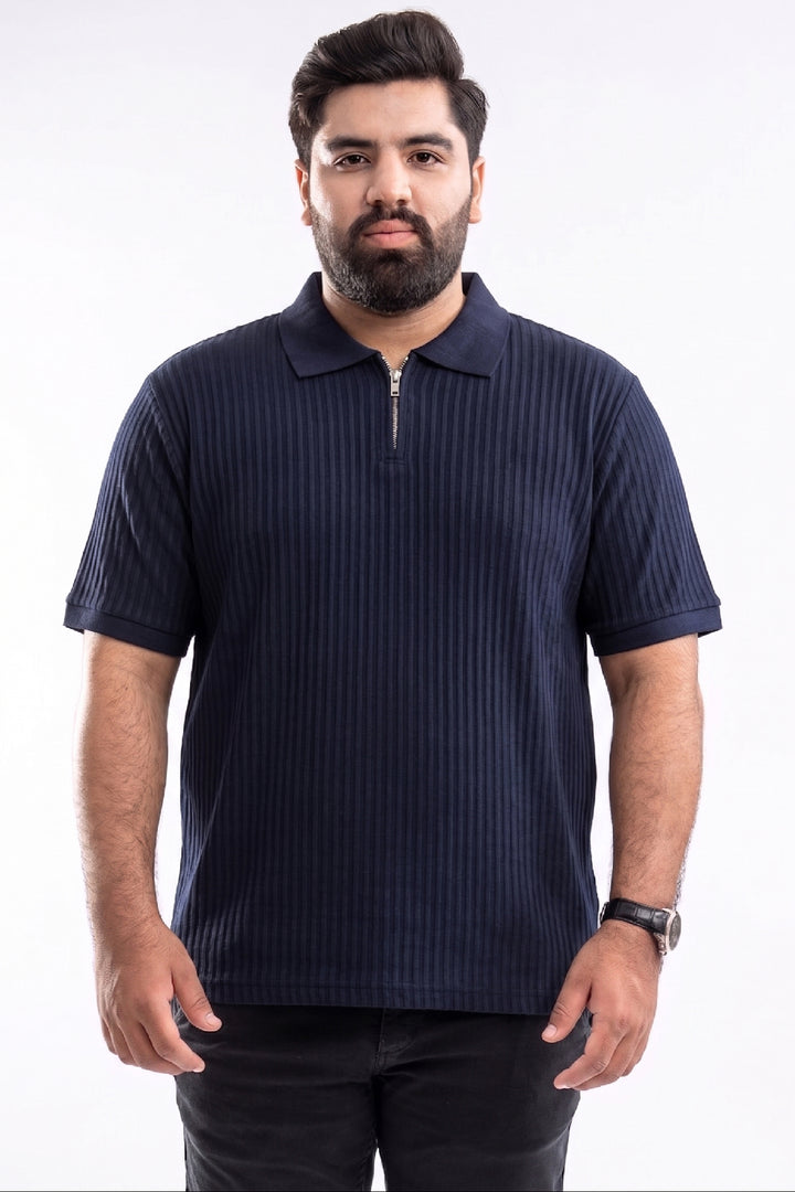 Navy Blue Textured Quarter Zip Polo Shirt - S26 - MP0616P