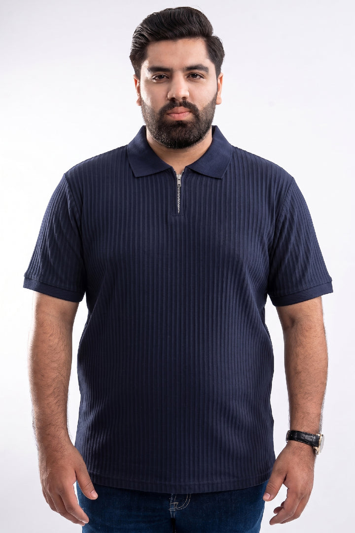 Navy Blue Textured Quarter Zip Polo Shirt - S26 - MP0616P