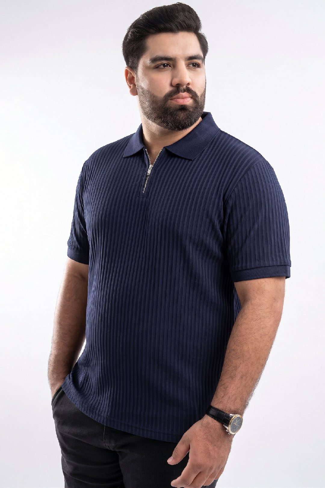 Navy Blue Textured Quarter Zip Polo Shirt - S26 - MP0616P