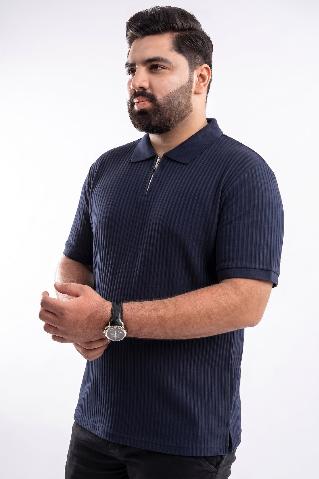 Navy Blue Textured Quarter Zip Polo Shirt - S26 - MP0616P