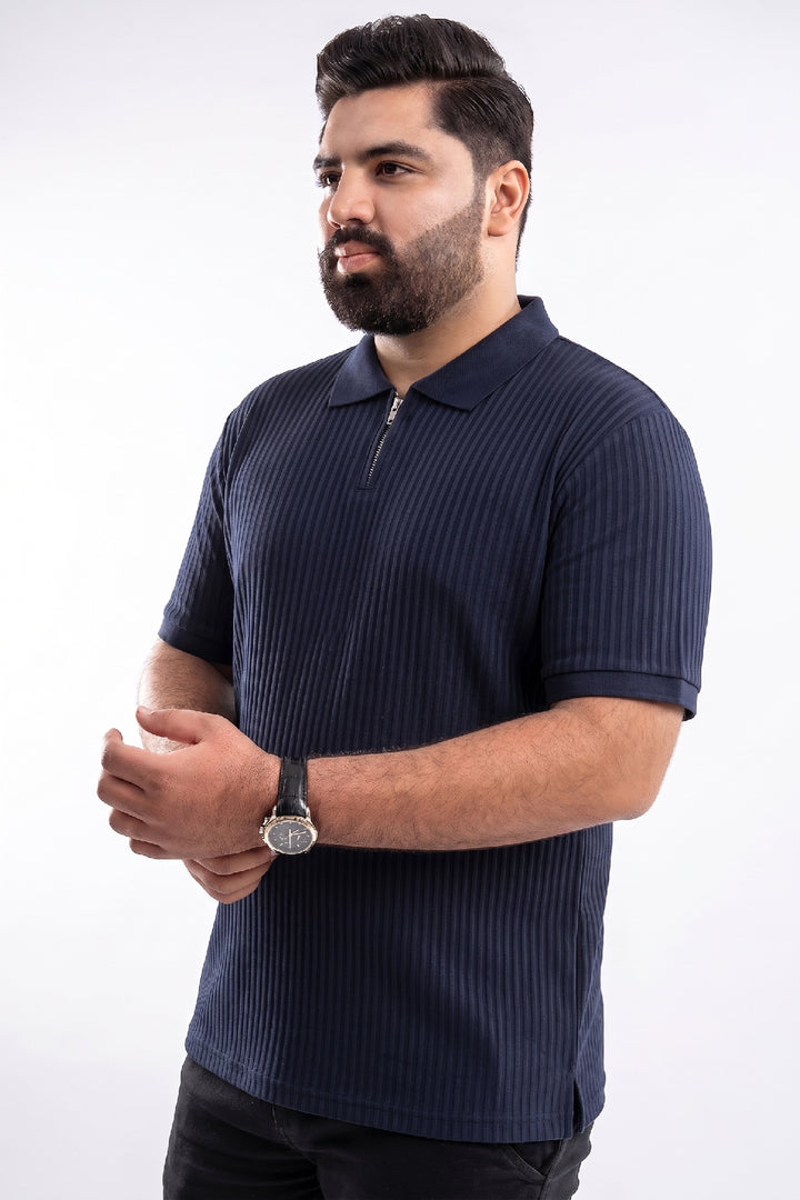 Navy Blue Textured Quarter Zip Polo Shirt - S26 - MP0616P