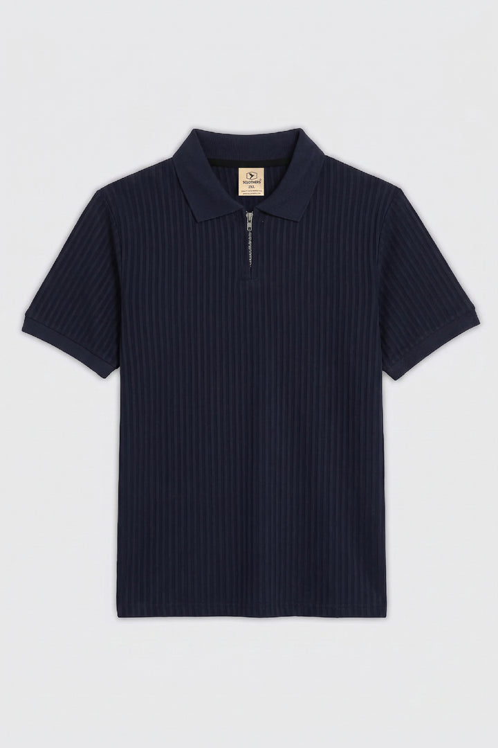 Navy Blue Textured Quarter Zip Polo Shirt - S26 - MP0616P