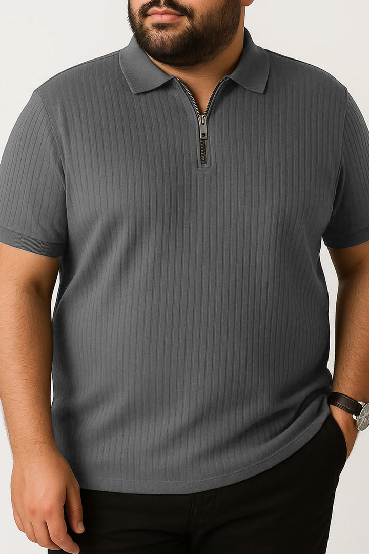 Textured Knitted Zipper Polo - Grey (Plus Size) - S25 - MP0560P