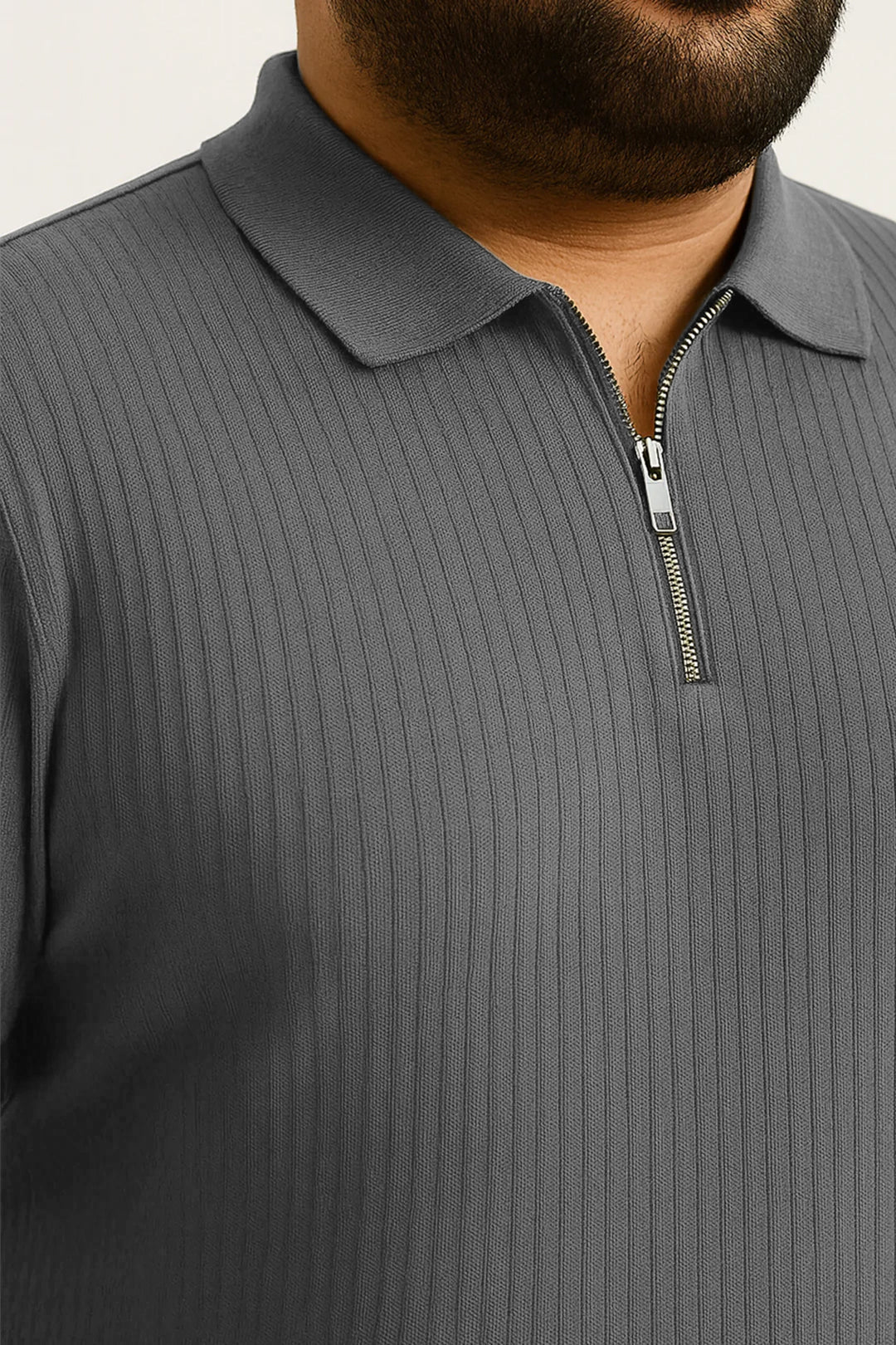 Textured Knitted Zipper Polo - Grey (Plus Size) - S25 - MP0560P