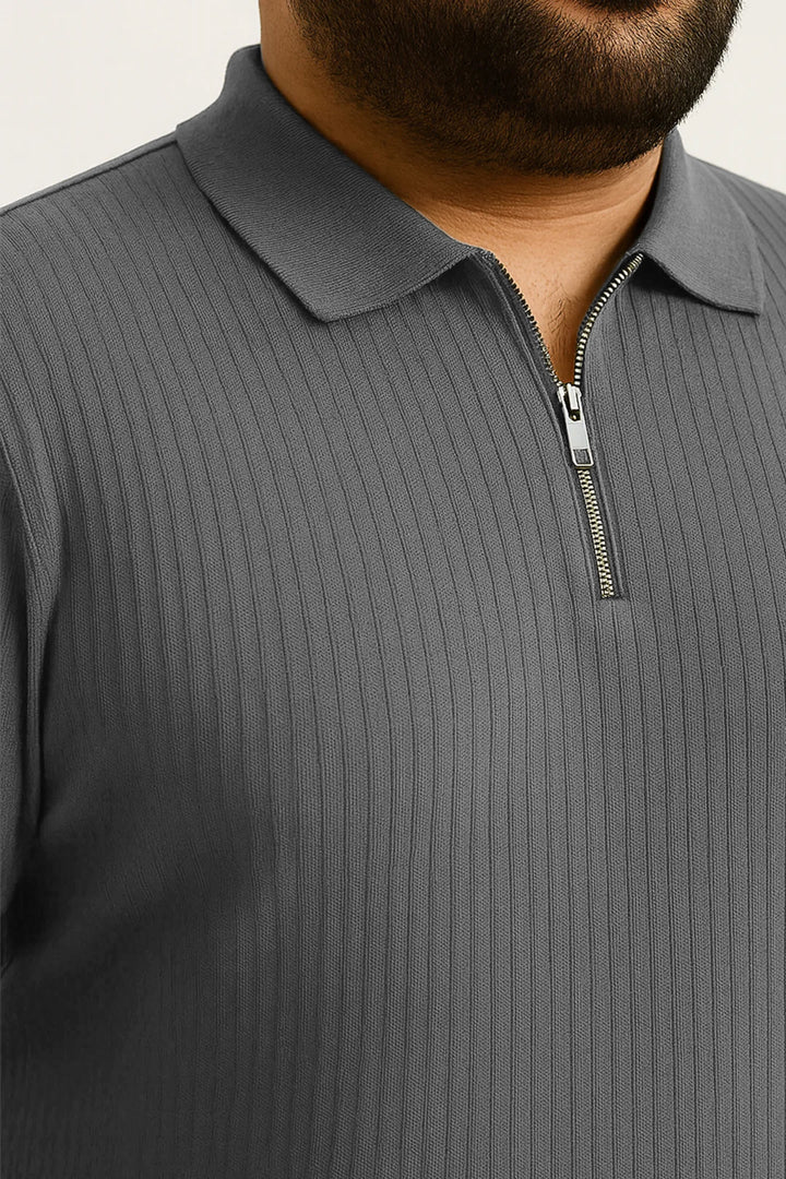 Textured Knitted Zipper Polo - Grey (Plus Size) - S25 - MP0560P