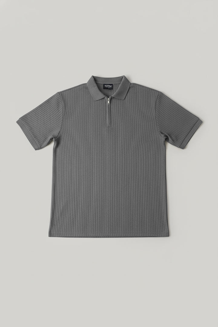 Textured Knitted Zipper Polo - Grey (Plus Size) - S25 - MP0560P