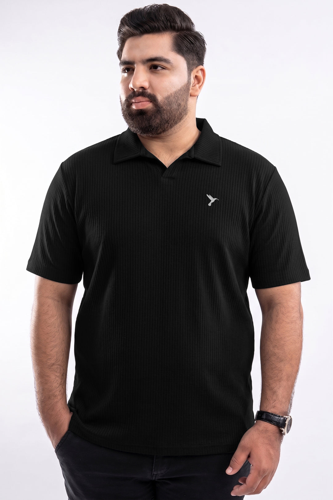 Black Drop Needle Knitted Polo Shirt (Plus Size) - S26 - MP0579P