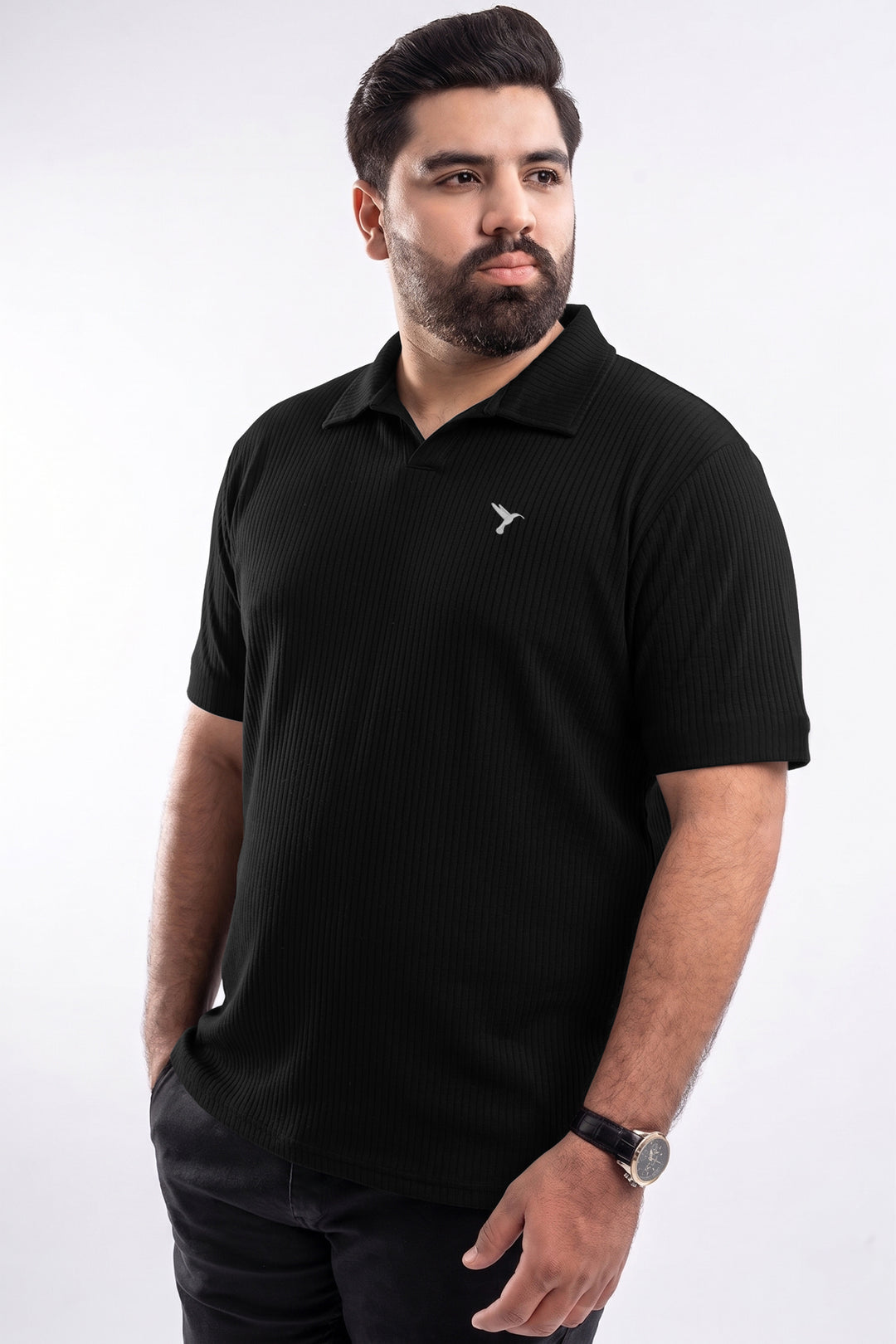 Black Drop Needle Knitted Polo Shirt (Plus Size) - S26 - MP0579P