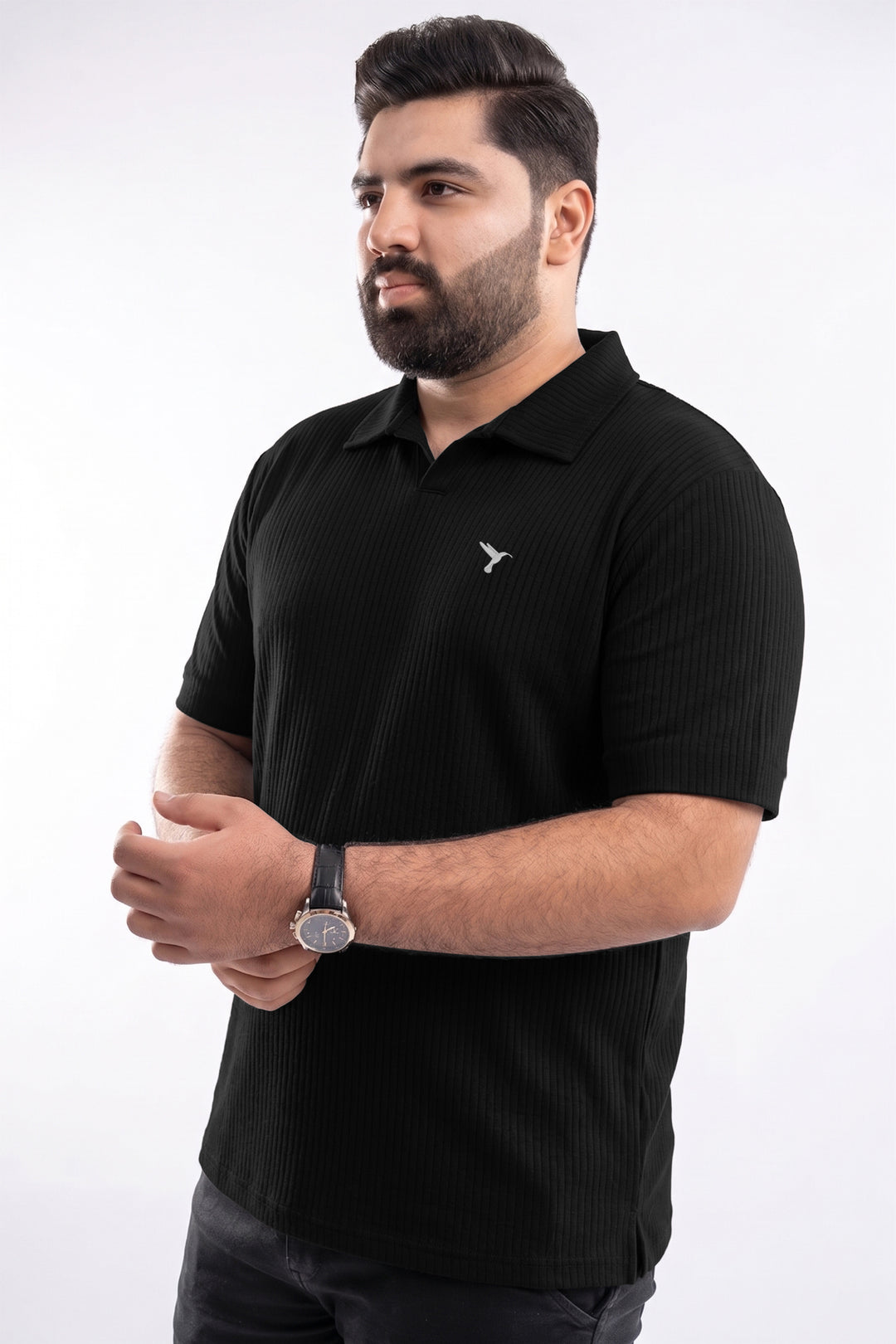 Black Drop Needle Knitted Polo Shirt (Plus Size) - S26 - MP0579P