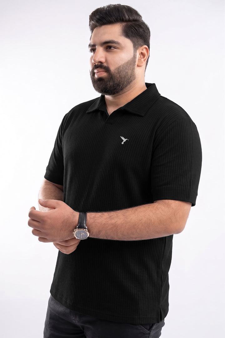 Black Drop Needle Knitted Polo Shirt (Plus Size) - S26 - MP0579P