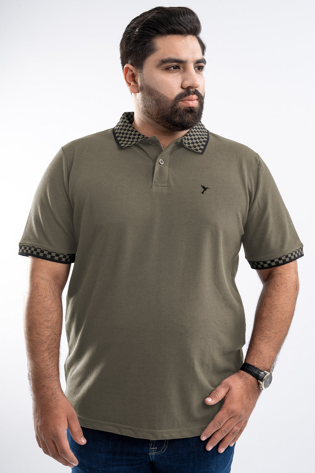 Olive & Black Jacquard Polo Shirt (Plus size) - S26 - MP0565P
