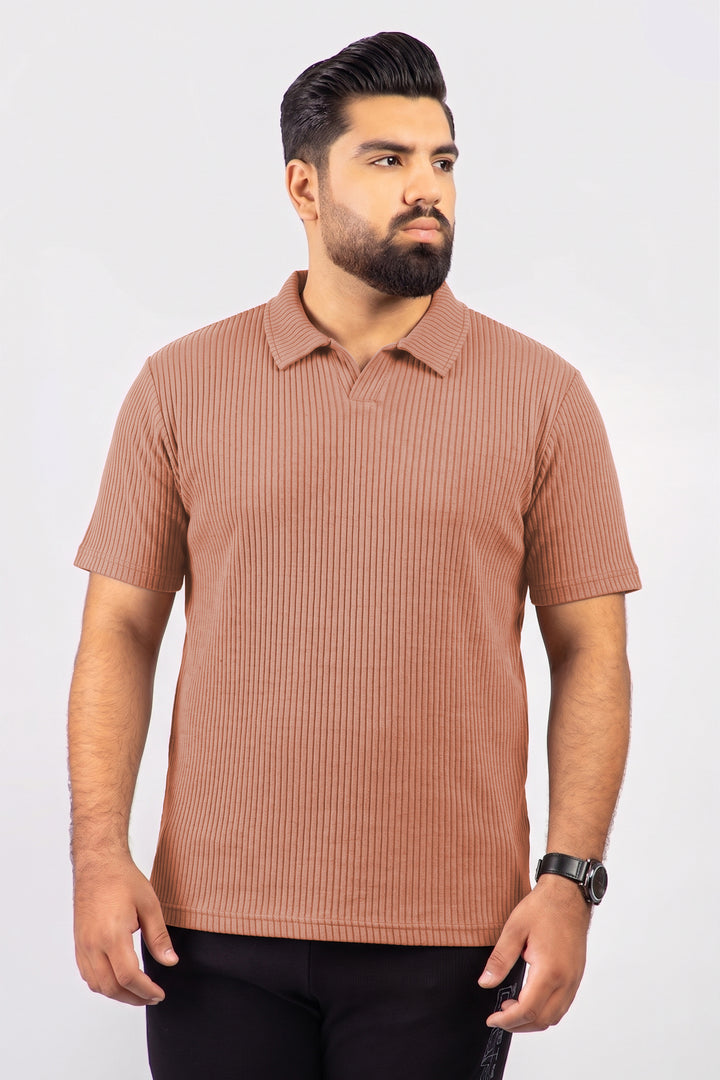Camel Brown Knitted Johnny Collar Polo (Plus Size) - S26 - MP0578P