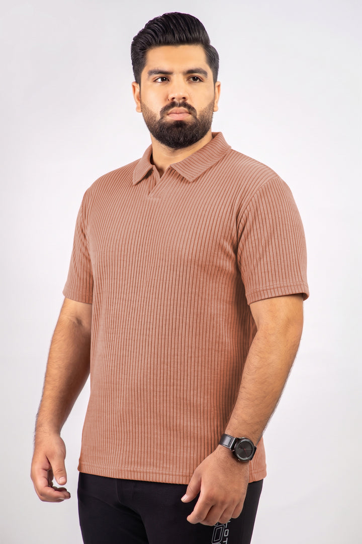 Camel Brown Knitted Johnny Collar Polo (Plus Size) - S26 - MP0578P