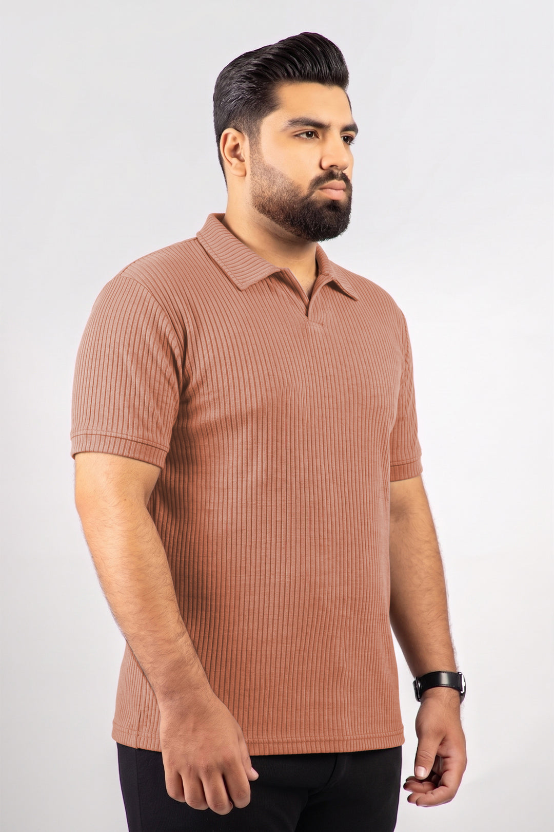 Camel Brown Knitted Johnny Collar Polo (Plus Size) - S26 - MP0578P