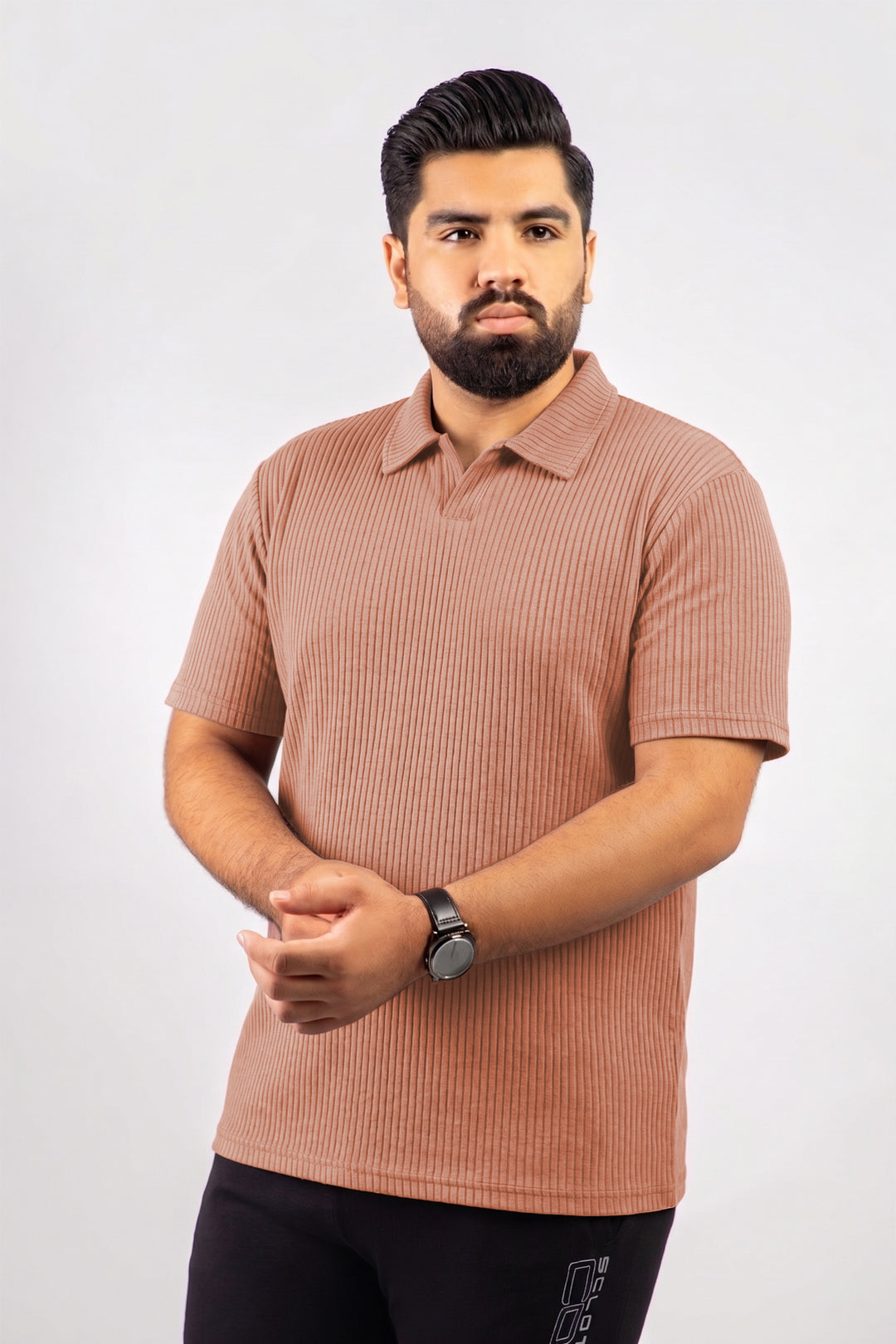 Camel Brown Knitted Johnny Collar Polo (Plus Size) - S26 - MP0578P
