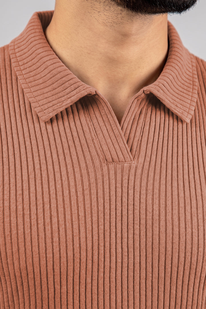 Camel Brown Knitted Johnny Collar Polo (Plus Size) - S26 - MP0578P