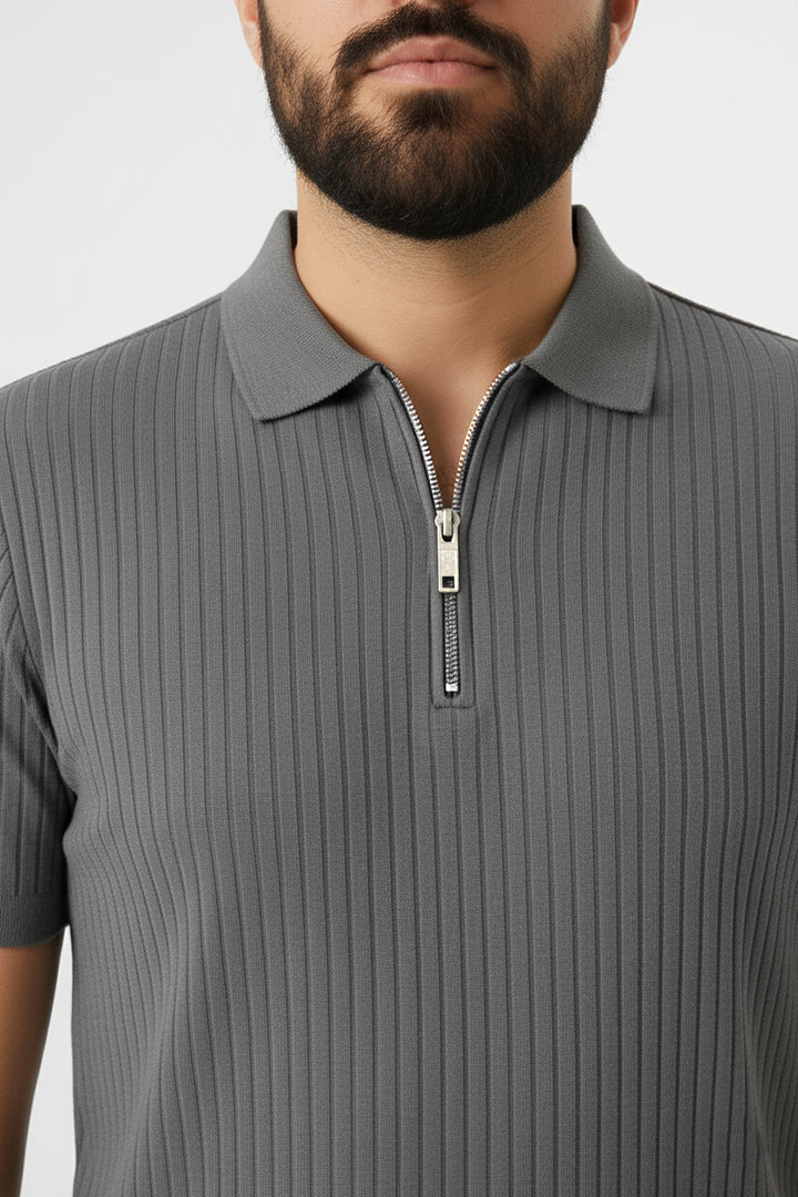 Textured Knitted Zipper Polo - Grey - S25 - MP0560R