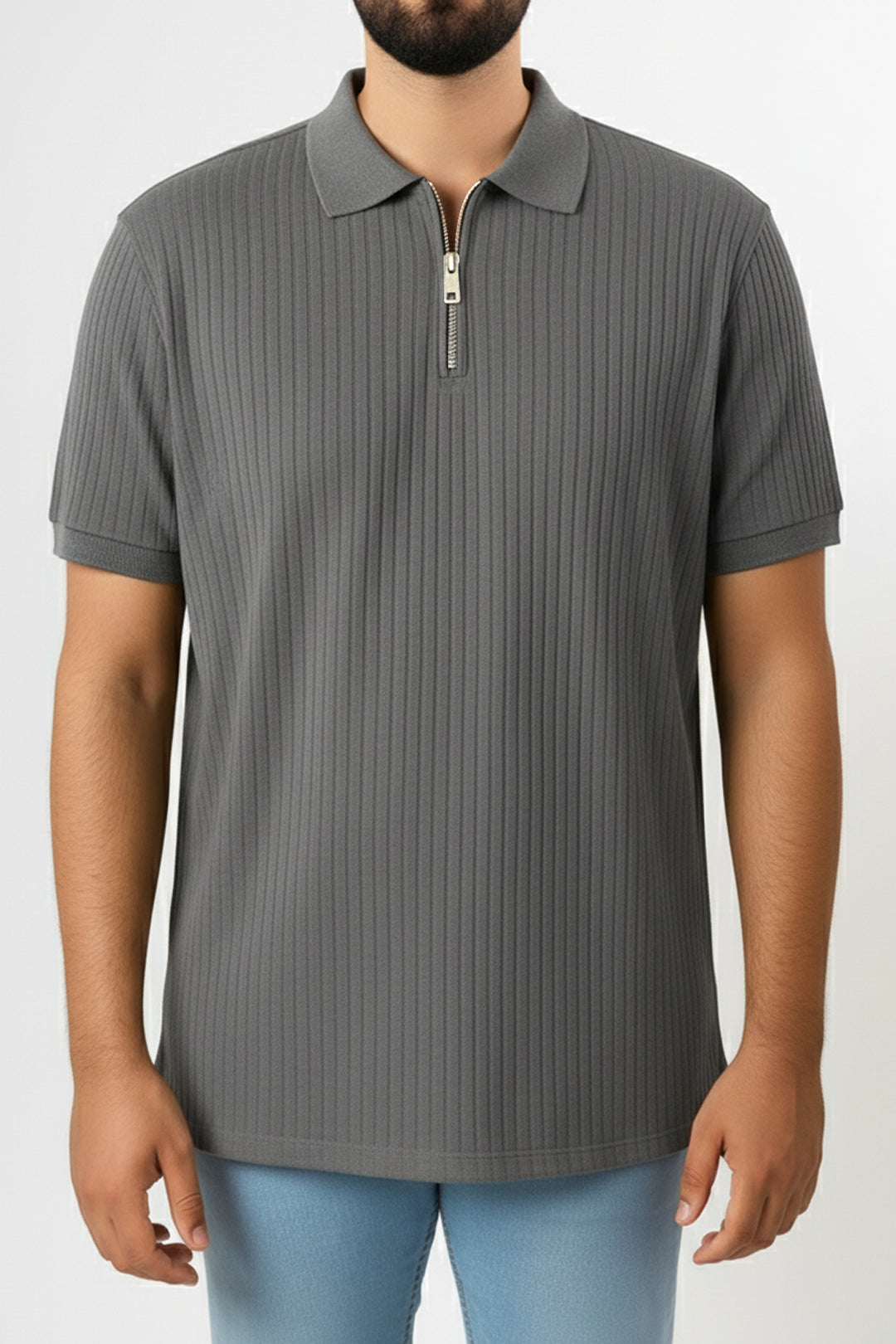 Textured Knitted Zipper Polo - Grey - S25 - MP0560R