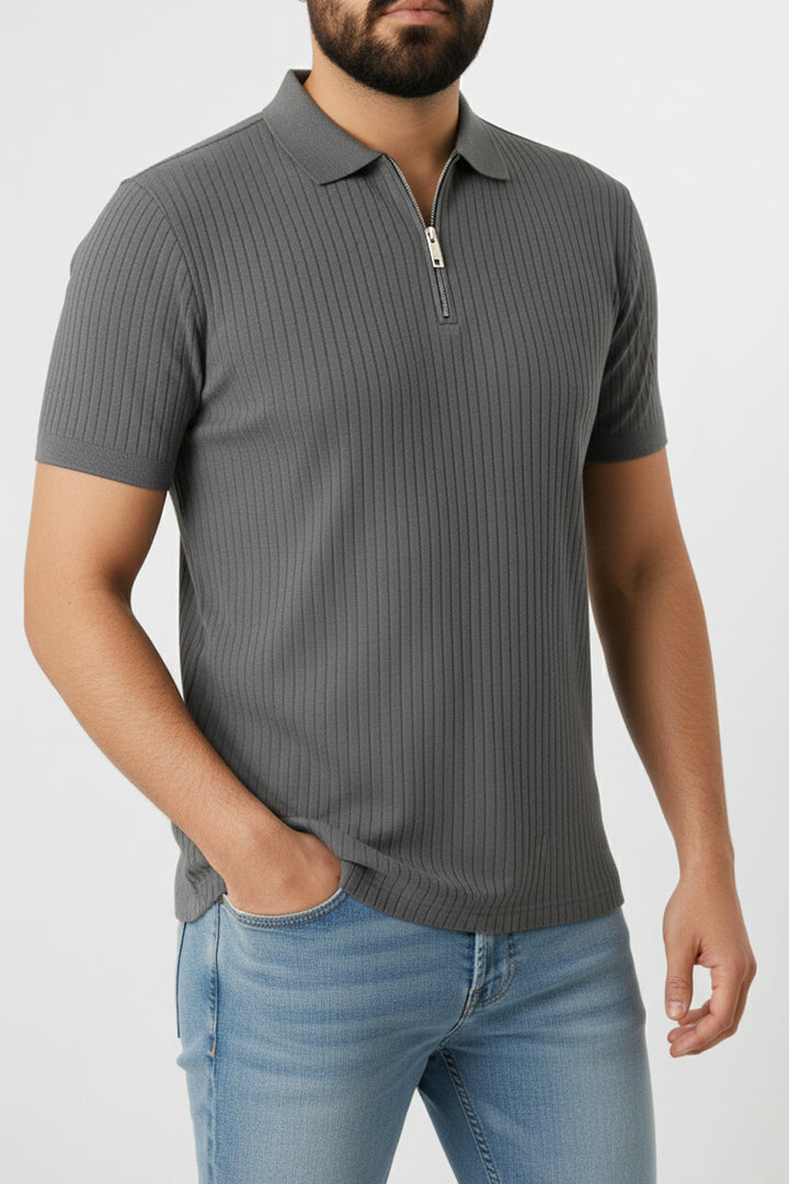 Textured Knitted Zipper Polo - Grey - S25 - MP0560R