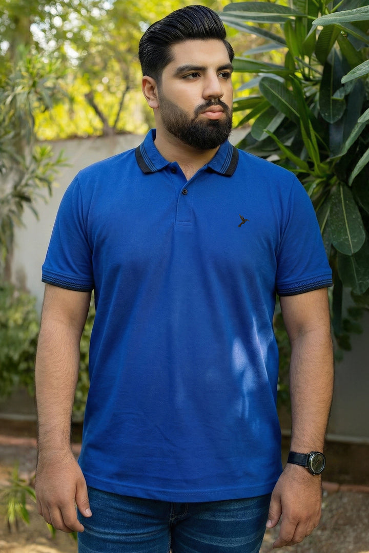 Royal Blue Black Contrast Jacquard Collar Polo Shirt (Plus size) - S25 - MP0559P