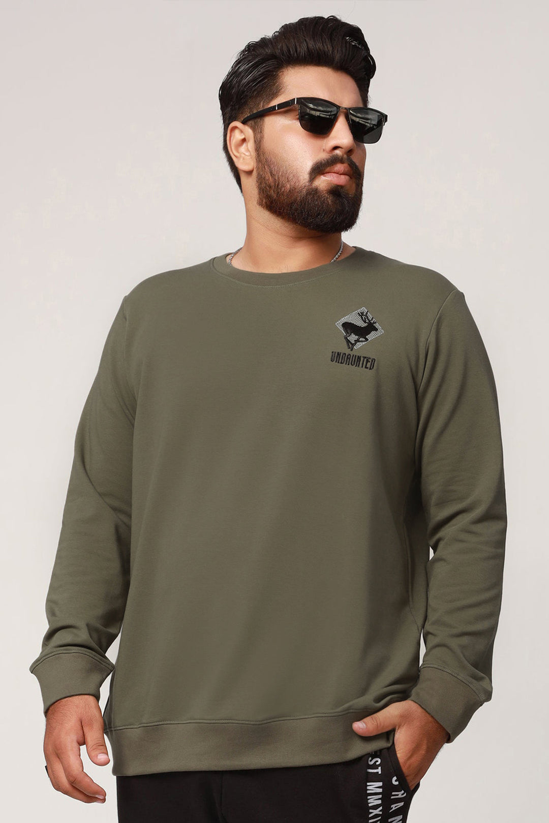 Undaunted Army Green Embroidered Sweatshirt (Plus Size) - W22 - MSW058P