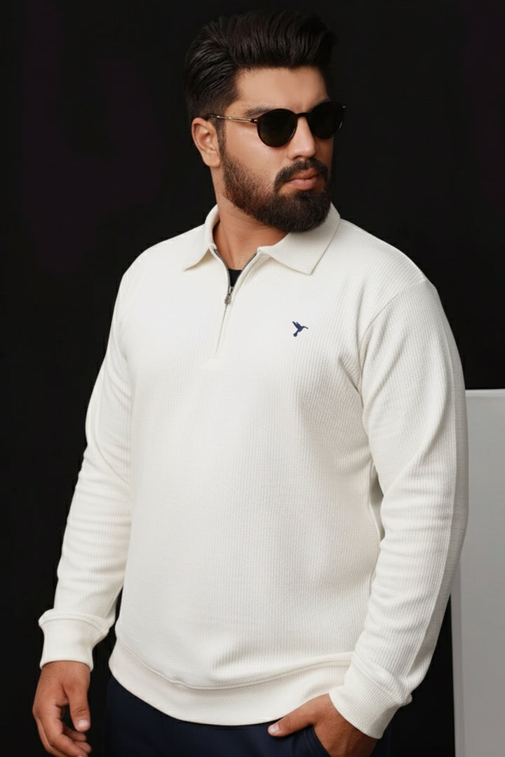 White Cotton Textured Quarter Zip Sweatshirt (Plus Size) - W25 - MSW102P