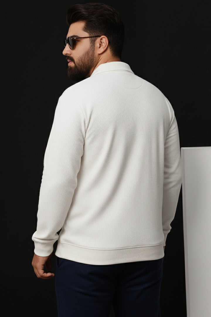 White Cotton Textured Quarter Zip Sweatshirt (Plus Size) - W25 - MSW102P