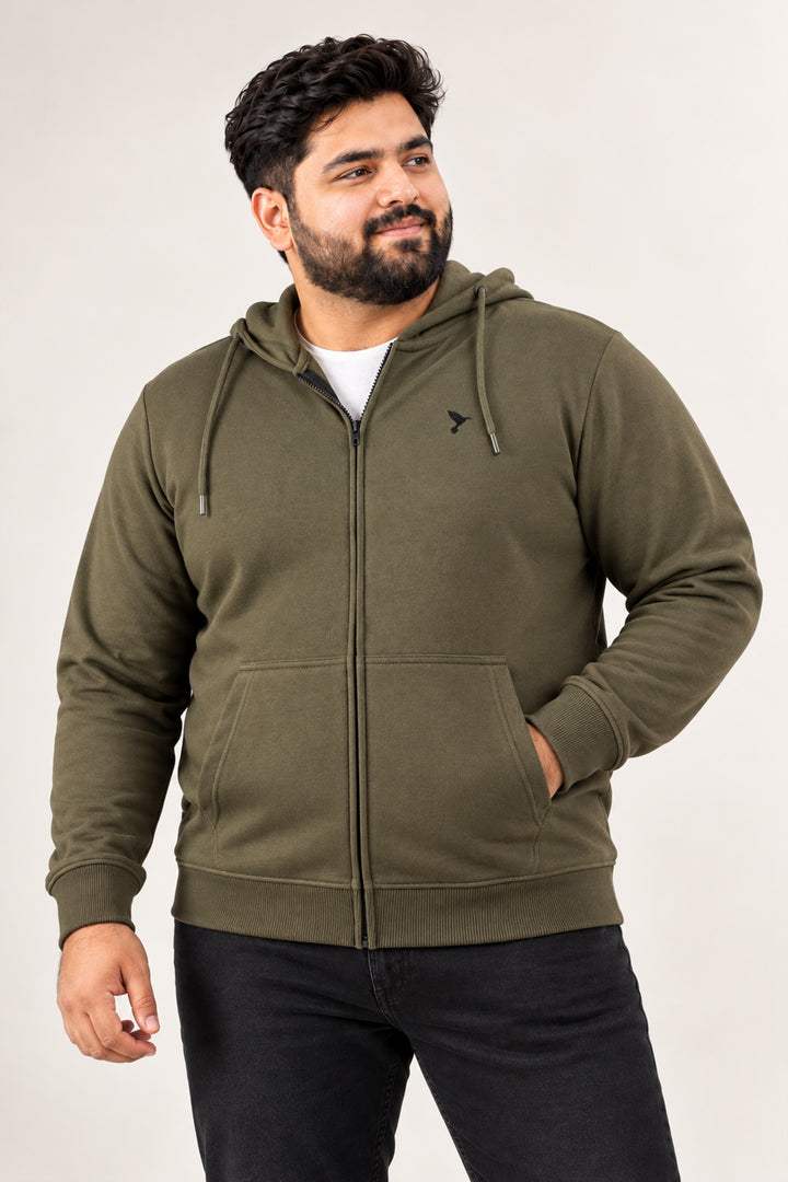 Army Green Embroidered Zipper Hoodie (Plus Size) - S24 - MH0094P