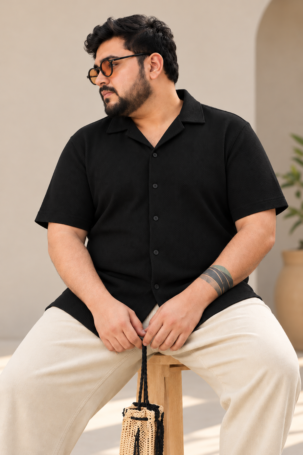 Black Pique Resort Collar Shirt (Plus Size) - S26 - MSH315P